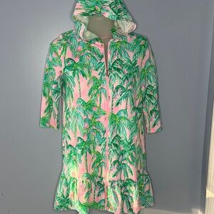Lilly Pulitzer Palm Tree Hoodie Swim Cover-Up XL12-14 Pink Green Tropical Print